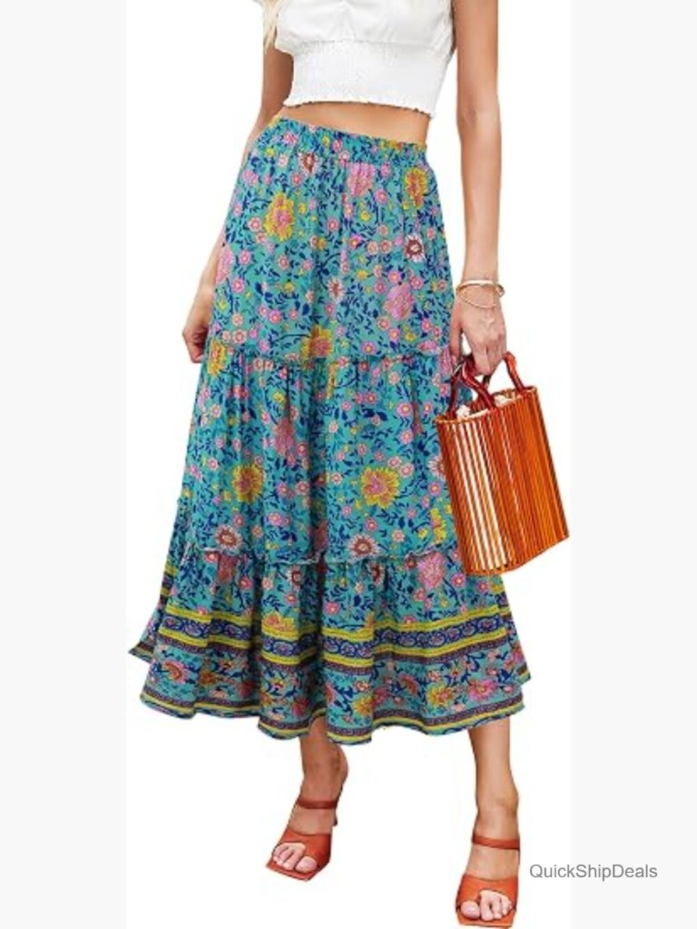 Women's Floral Midi Skirt Elastic High Waist A-Line Swing